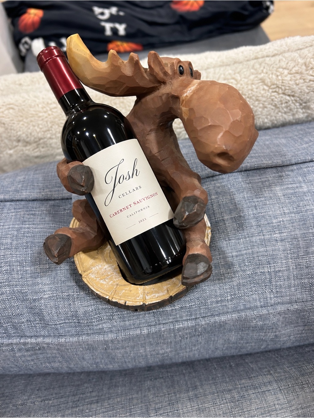 Source Unknown Carved Moose Wine Bottle Holder in Brown and Tan